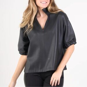 Emily McCarthy Poppy Top Black Short Sleeve with V-Neck in Vegan Leather